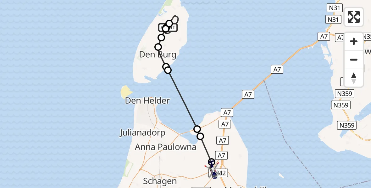 Vluchtroute Politiehelikopter van Texel International Airport naar Middenmeer