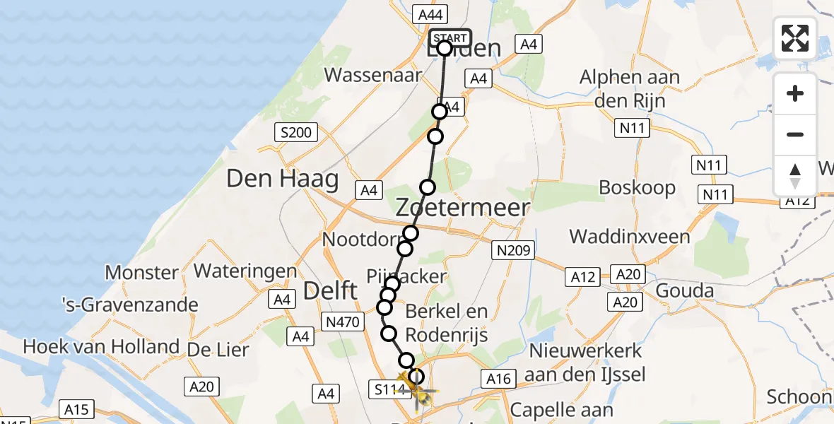 Vluchtroute Traumahelikopter van Leiden University Medical Center Heliport naar Rotterdam The Hague Airport