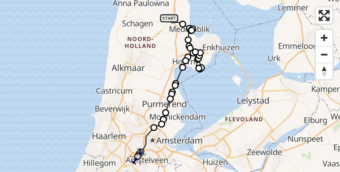 Vluchtroute Politiehelikopter van Middenmeer naar Amsterdam Vliegveld Schiphol