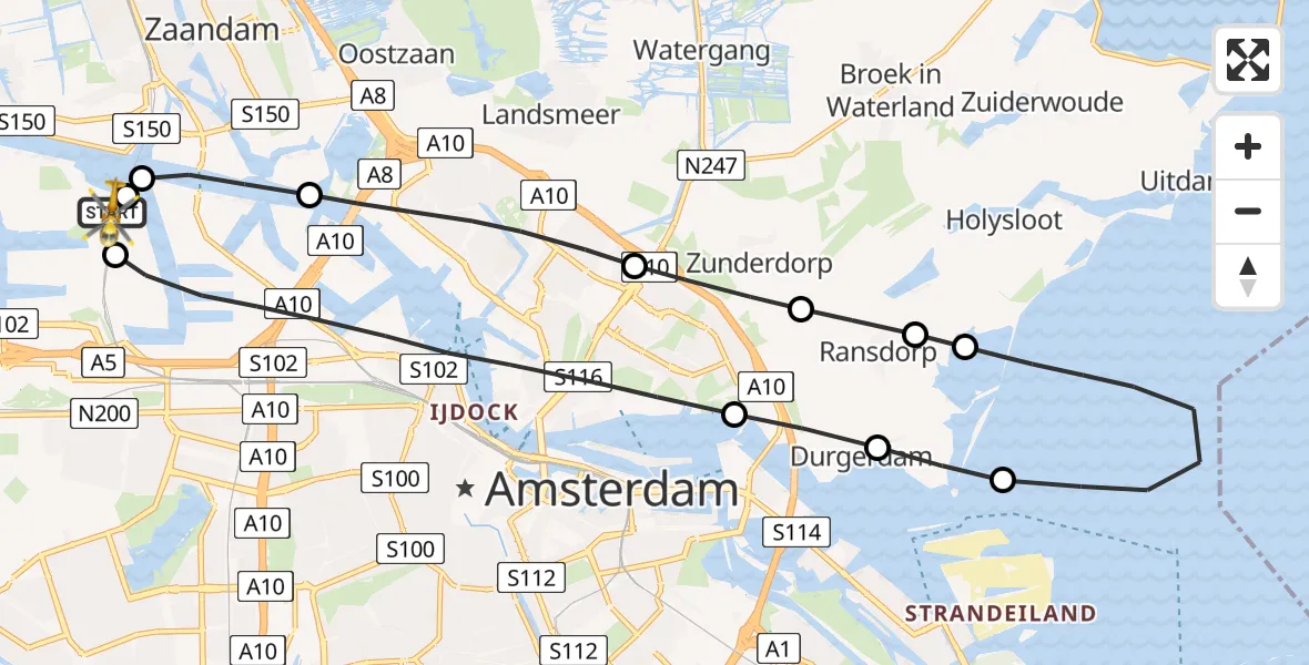 Vluchtroute Traumahelikopter van Amsterdam Heliport naar Amsterdam Heliport