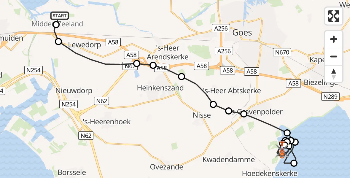 Vluchtroute Kustwachthelikopter van Vliegveld Midden-Zeeland naar Hoedekenskerke