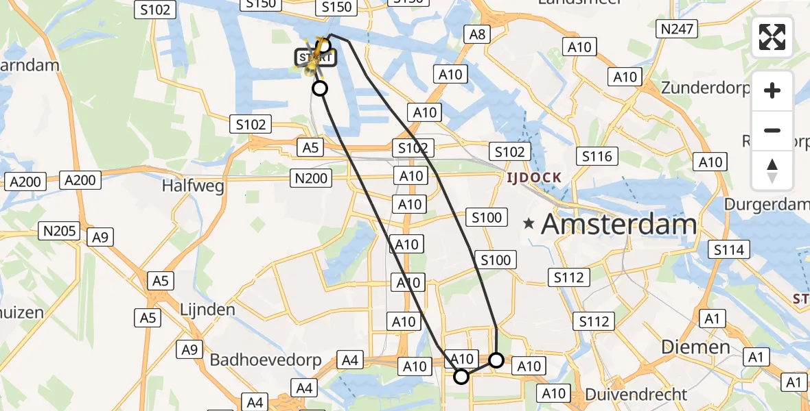 Vluchtroute Traumahelikopter van Amsterdam Heliport naar Amsterdam Heliport
