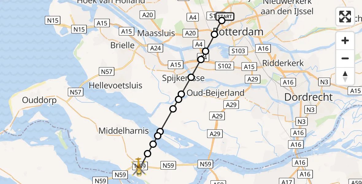 Vluchtroute Traumahelikopter van Rotterdam The Hague Airport naar Oude-Tonge