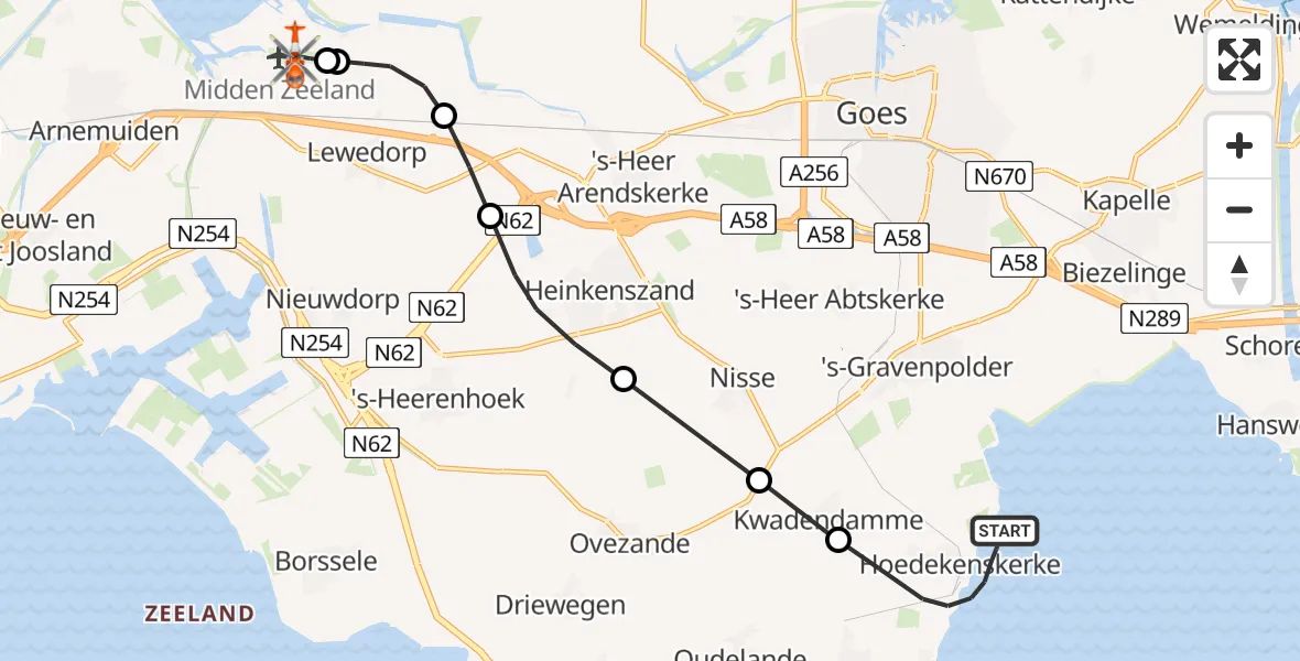 Vluchtroute Kustwachthelikopter van Hoedekenskerke naar Vliegveld Midden-Zeeland
