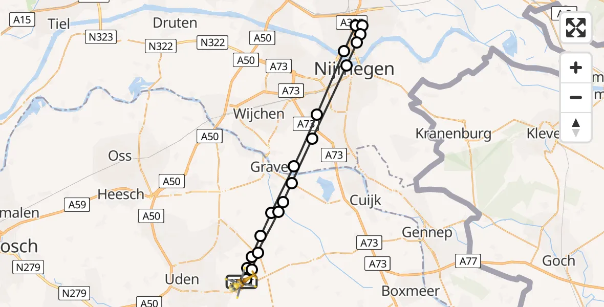 Vluchtroute Traumahelikopter van Vliegbasis Volkel naar Vliegbasis Volkel