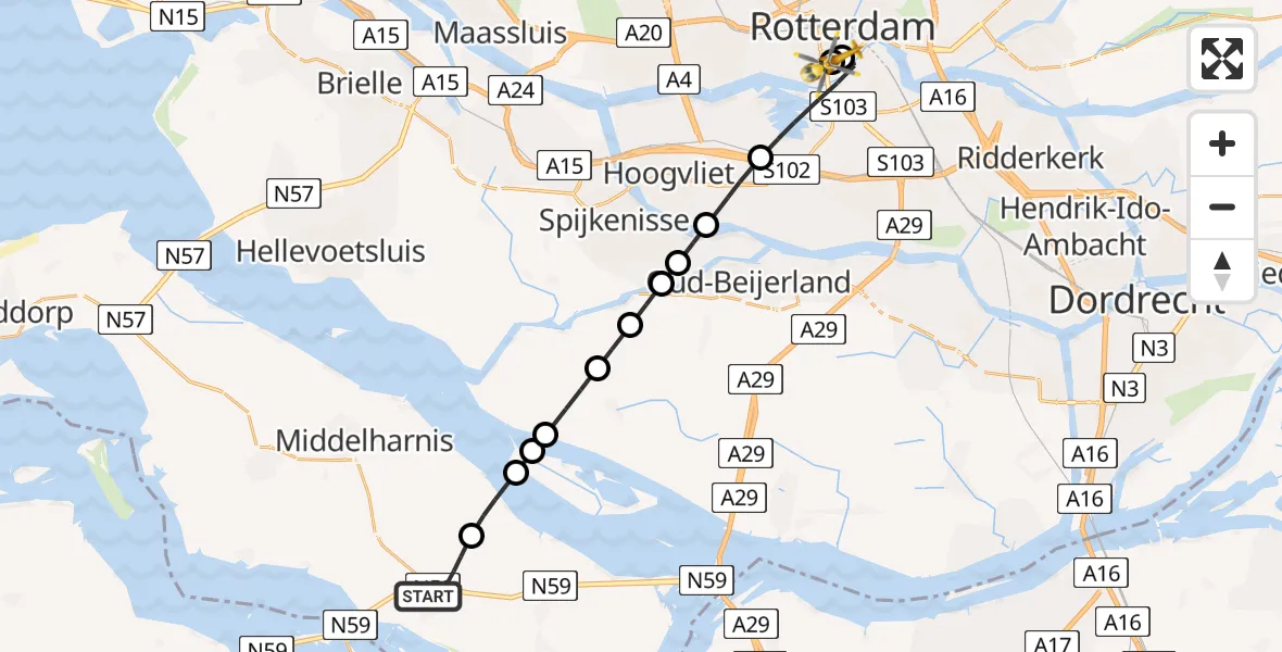 Vluchtroute Traumahelikopter van Oude-Tonge naar Leids Universitair Medisch Centrum (LUMC)