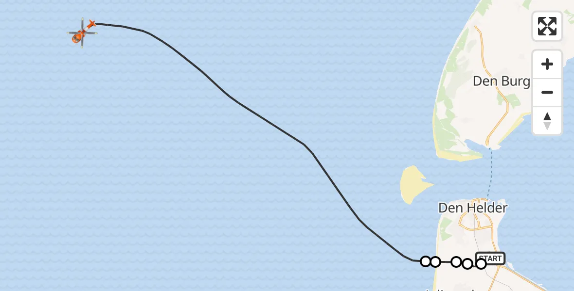 Vluchtroute Kustwachthelikopter van Militair vliegveld De Kooy / Den Helder Airport naar Noordzee