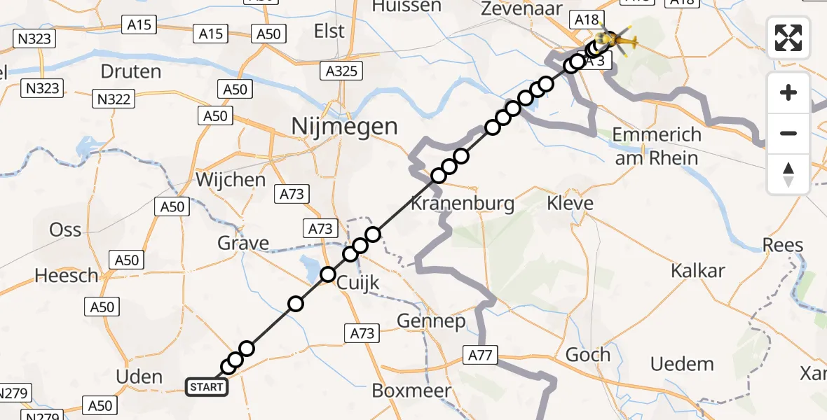 Vluchtroute Traumahelikopter van Vliegbasis Volkel naar Loerbeek