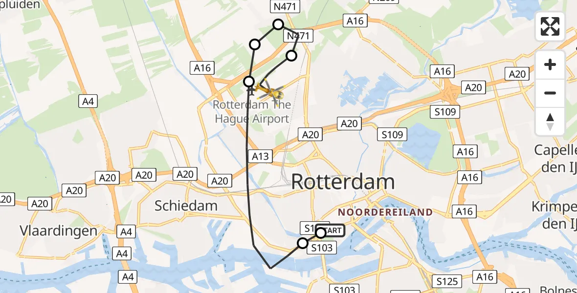 Vluchtroute Traumahelikopter van Leids Universitair Medisch Centrum (LUMC) naar Rotterdam The Hague Airport