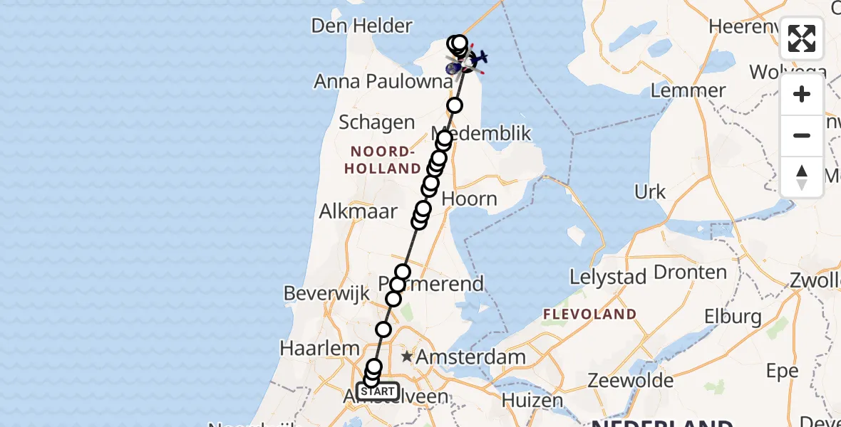 Vluchtroute Politiehelikopter van Amsterdam Vliegveld Schiphol naar Wieringerwerf