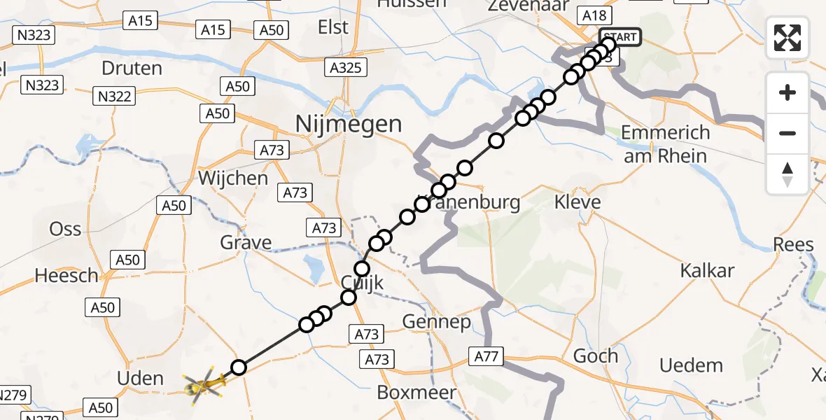 Vluchtroute Traumahelikopter van Loerbeek naar Vliegbasis Volkel
