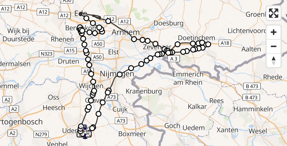Vluchtroute Politiehelikopter van Vliegbasis Volkel naar Vliegbasis Volkel