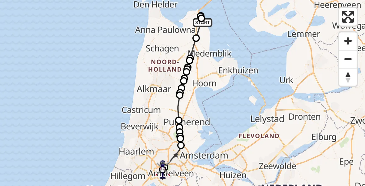 Vluchtroute Politiehelikopter van Wieringerwerf naar Amsterdam Vliegveld Schiphol
