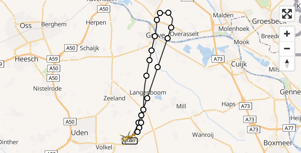 Vluchtroute Traumahelikopter van Vliegbasis Volkel naar Vliegbasis Volkel