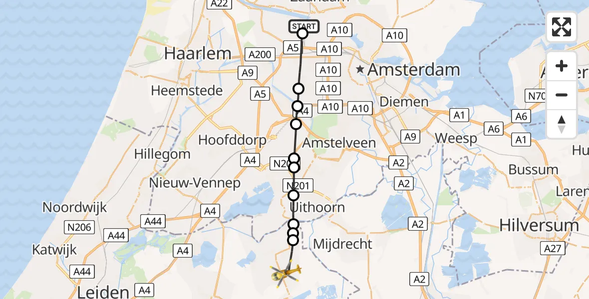 Vluchtroute Traumahelikopter van Amsterdam Heliport naar Zevenhoven