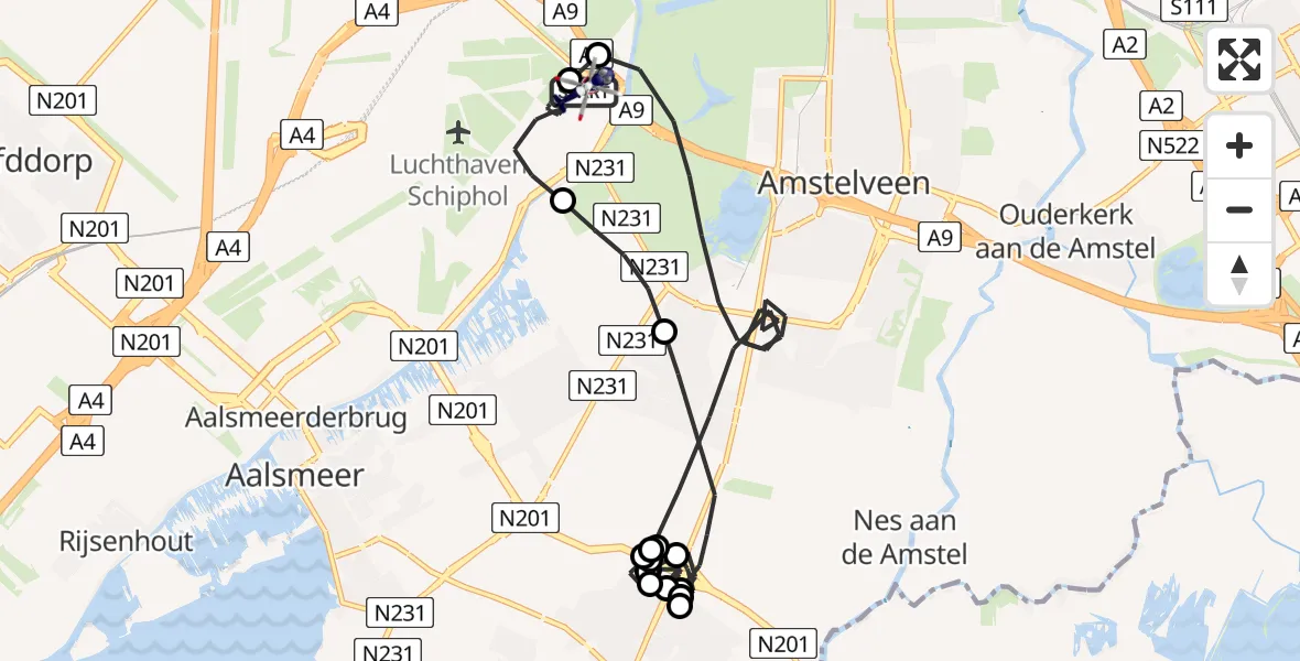Vluchtroute Politiehelikopter van Amsterdam Vliegveld Schiphol naar Amsterdam Vliegveld Schiphol