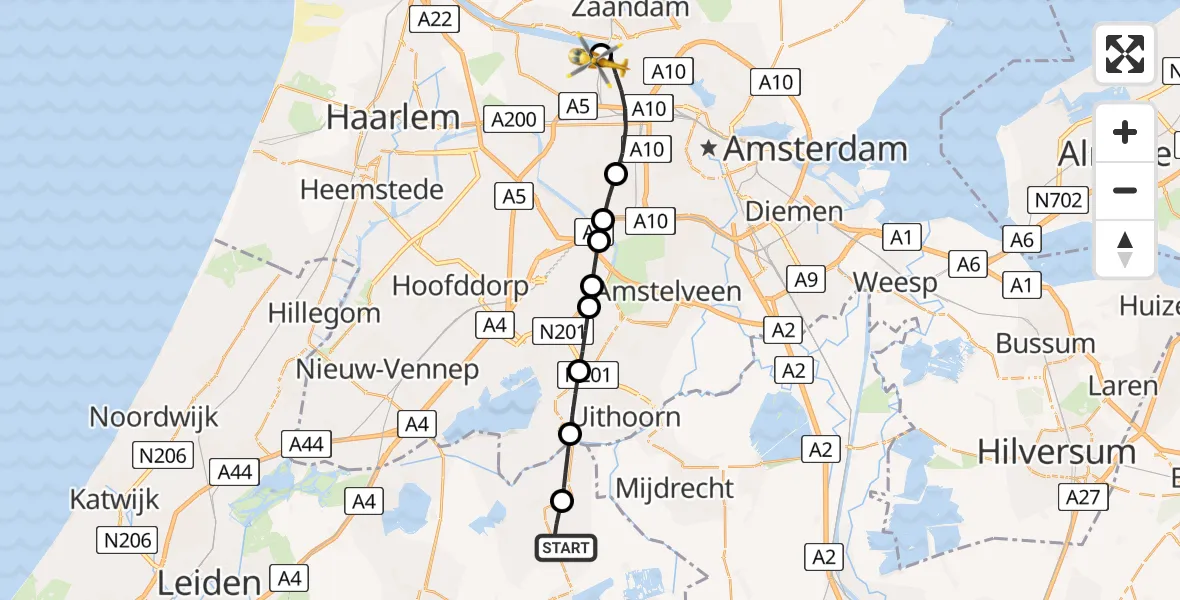 Vluchtroute Traumahelikopter van Zevenhoven naar Amsterdam Heliport