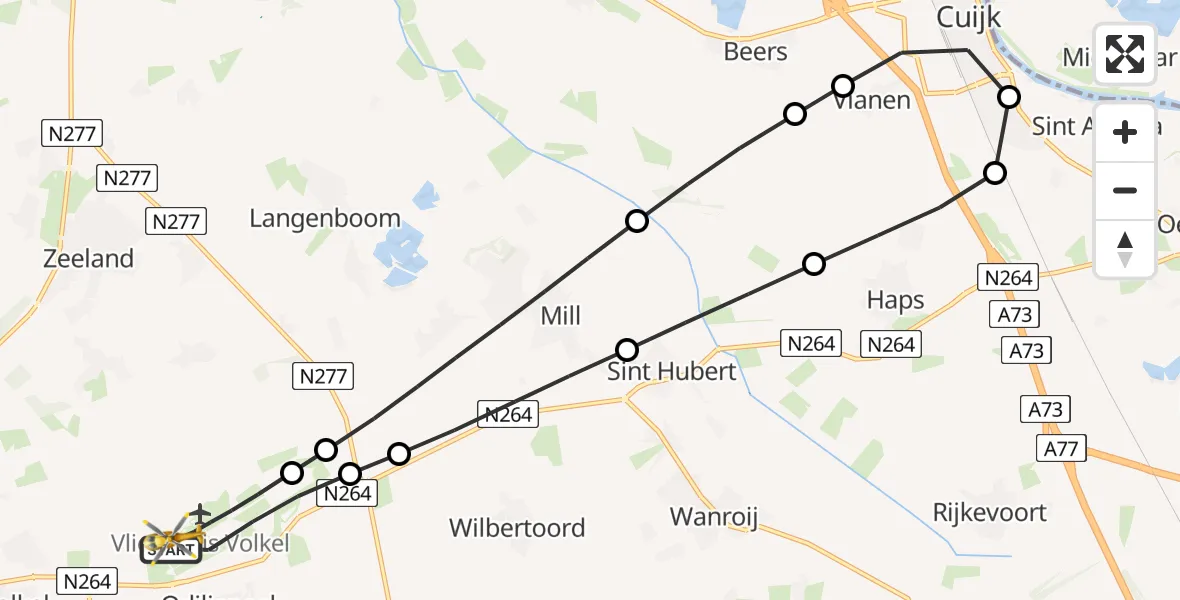 Vluchtroute Traumahelikopter van Vliegbasis Volkel naar Vliegbasis Volkel