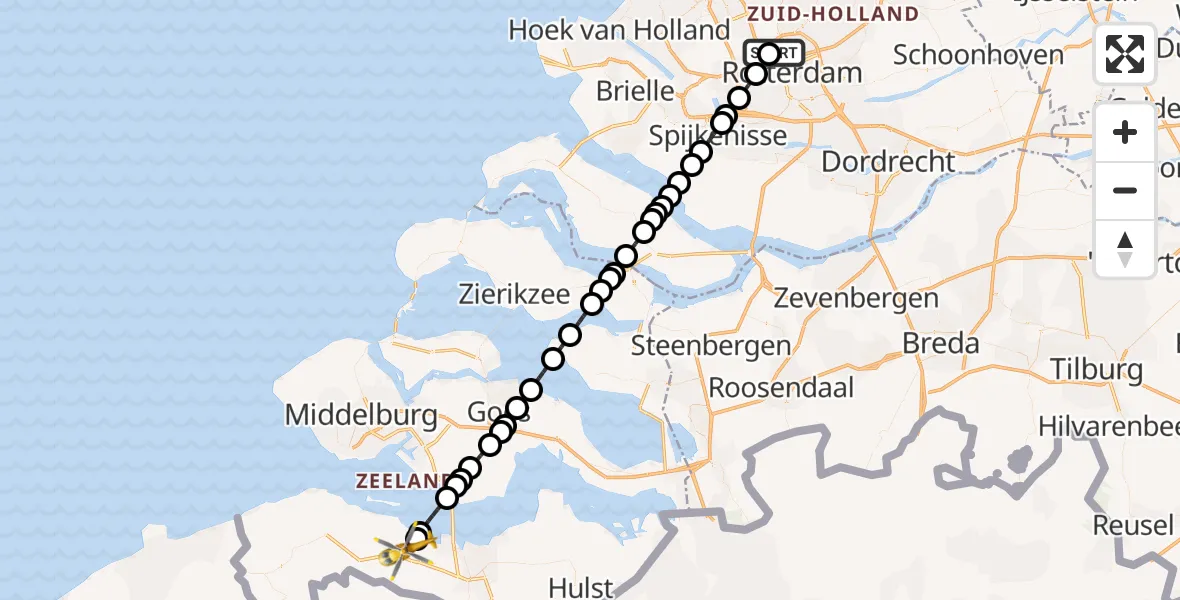 Vluchtroute Traumahelikopter van Rotterdam The Hague Airport naar Biervliet