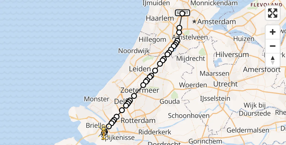 Vluchtroute Traumahelikopter van Amsterdam Heliport naar Zwartewaal