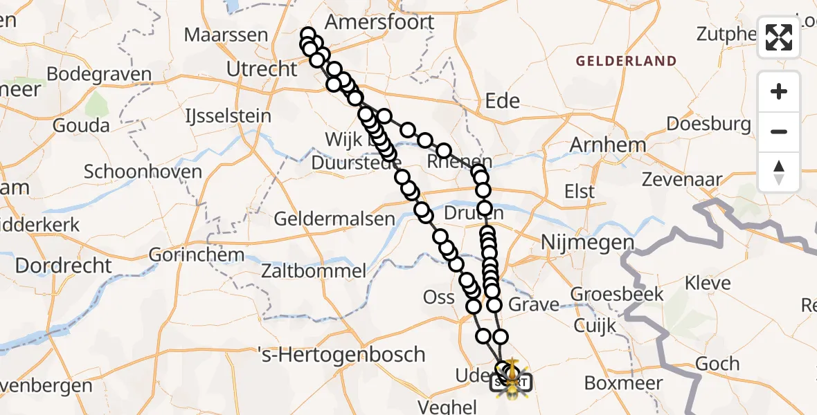 Vluchtroute Traumahelikopter van Vliegbasis Volkel naar Vliegbasis Volkel