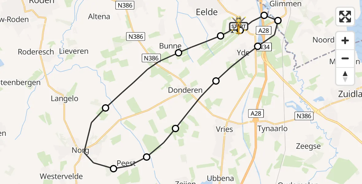 Vluchtroute Traumahelikopter van Groningen Airport Eelde naar Groningen Airport Eelde