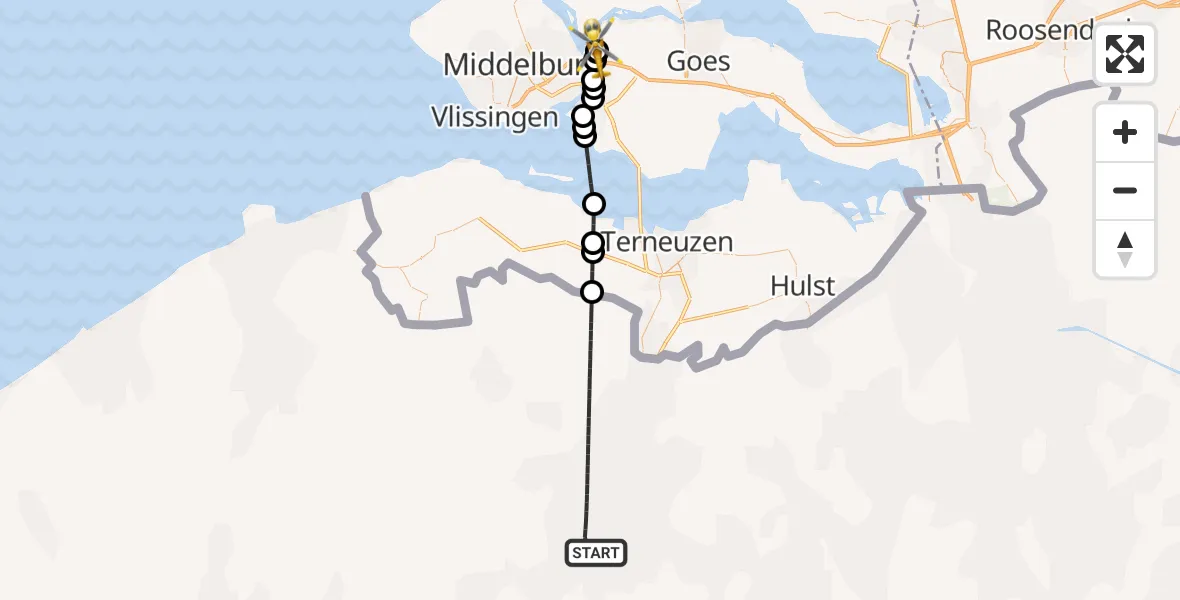 Vluchtroute Traumahelikopter van Ghent/Industry Zone Heliport naar Vliegveld Midden-Zeeland