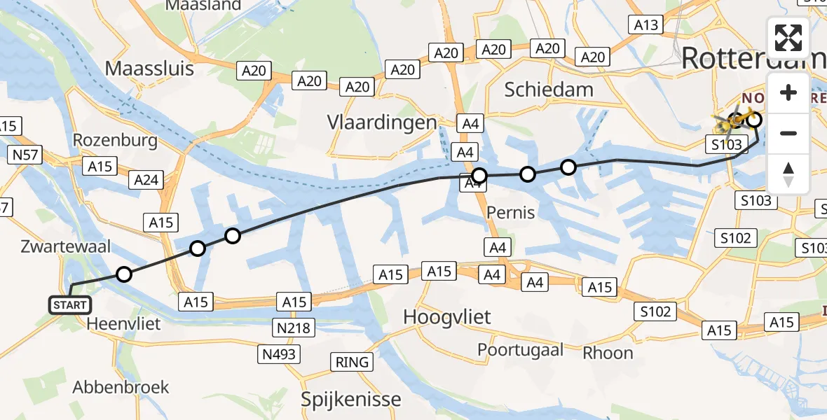 Vluchtroute Traumahelikopter van Zwartewaal naar Leids Universitair Medisch Centrum (LUMC)