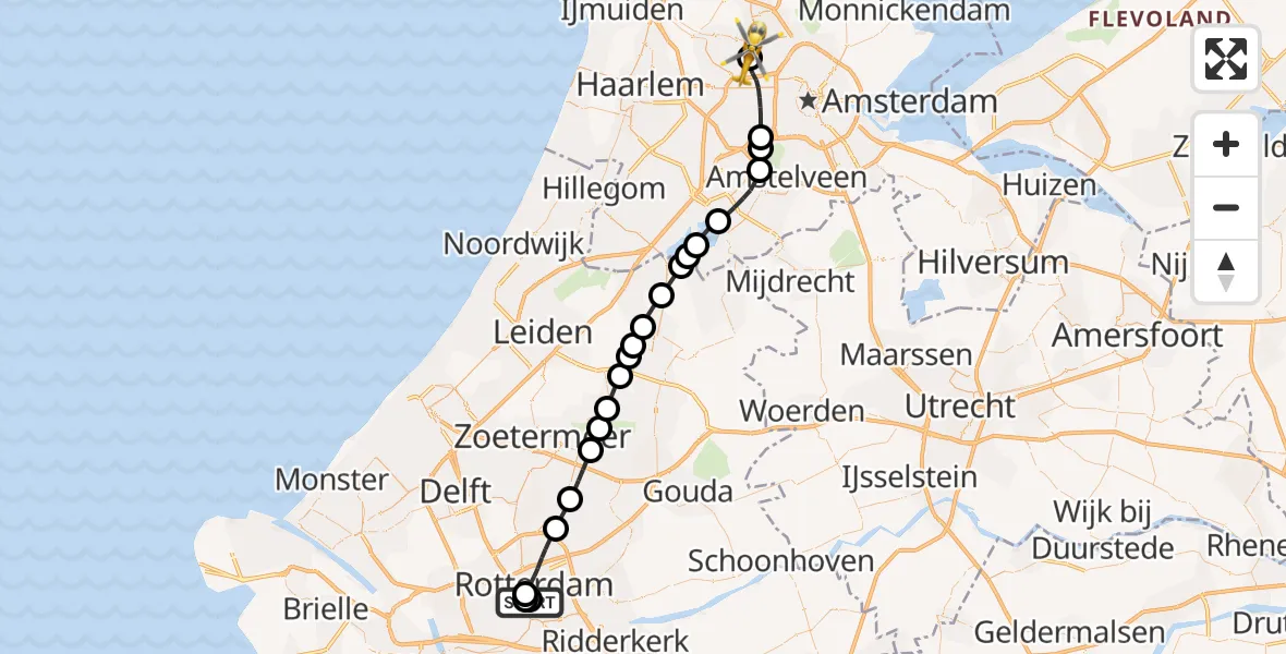 Vluchtroute Traumahelikopter van Leids Universitair Medisch Centrum (LUMC) naar Amsterdam Heliport