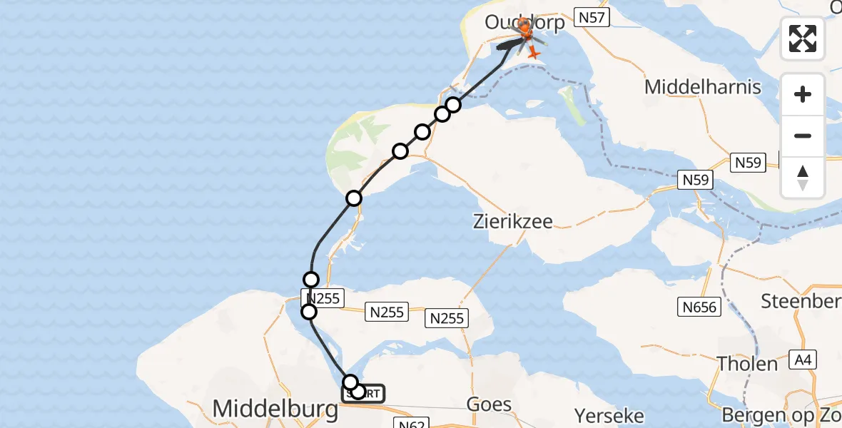 Vluchtroute Kustwachthelikopter van Vliegveld Midden-Zeeland naar Grevelingenmeer
