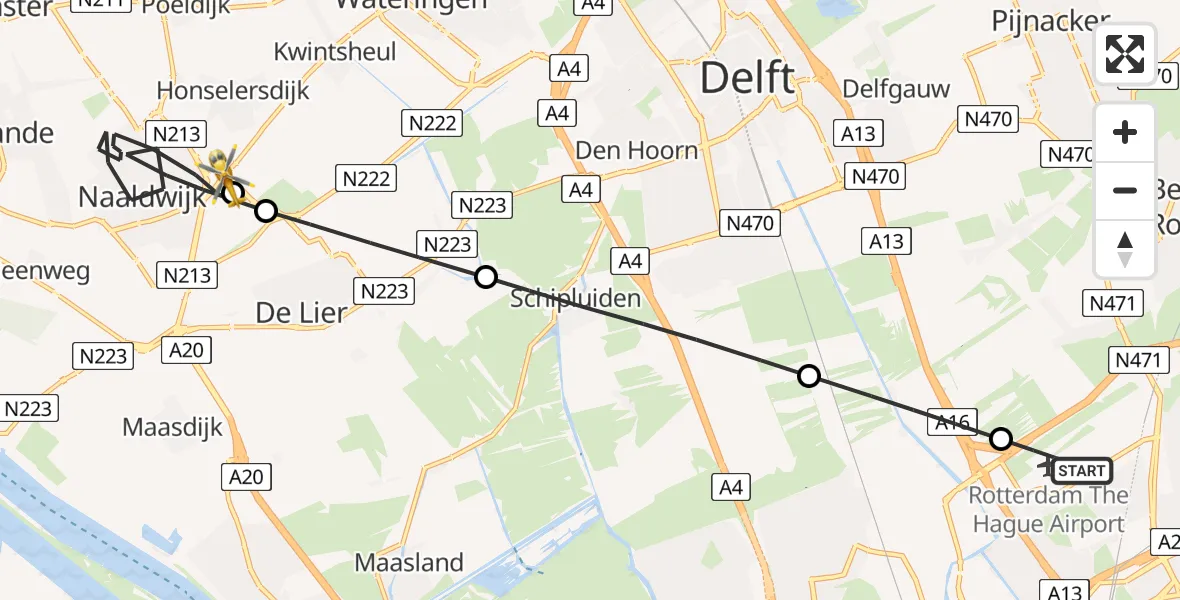 Vluchtroute Traumahelikopter van Rotterdam The Hague Airport naar Honselersdijk