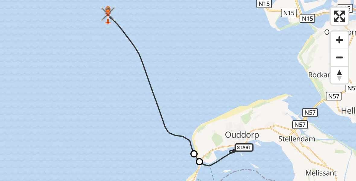 Vluchtroute Kustwachthelikopter van Grevelingenmeer naar Noordzee