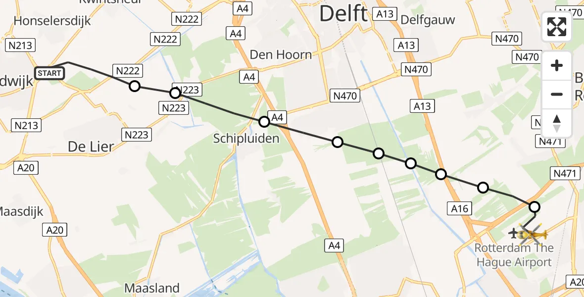 Vluchtroute Traumahelikopter van Honselersdijk naar Rotterdam The Hague Airport