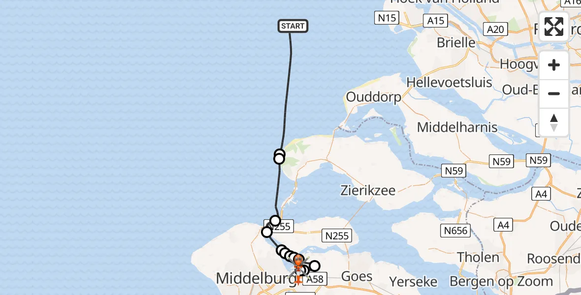 Vluchtroute Kustwachthelikopter van Noordzee naar Vliegveld Midden-Zeeland