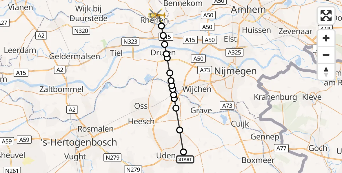 Vluchtroute Traumahelikopter van Vliegbasis Volkel naar Rhenen