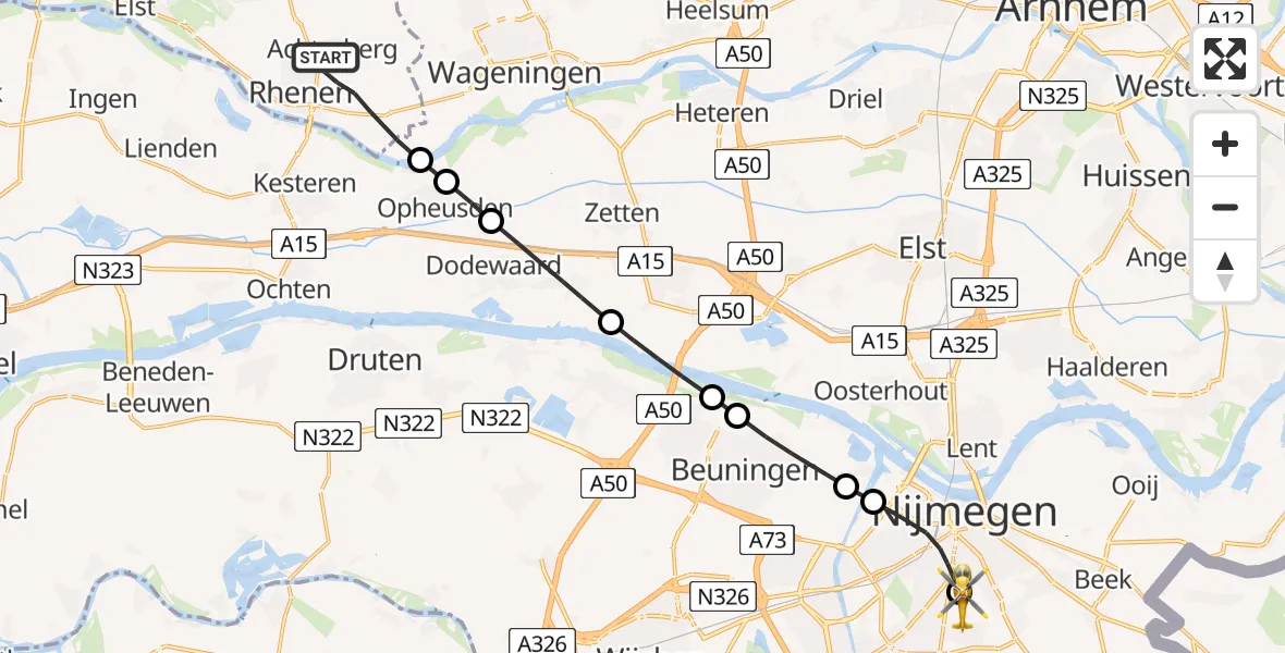 Vluchtroute Traumahelikopter van Rhenen naar Radboud University Medical Center Heliport