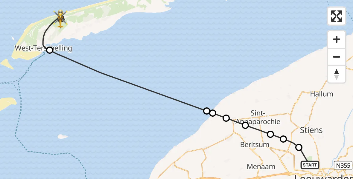 Vluchtroute Ambulancehelikopter van Vliegbasis Leeuwarden naar West-Terschelling