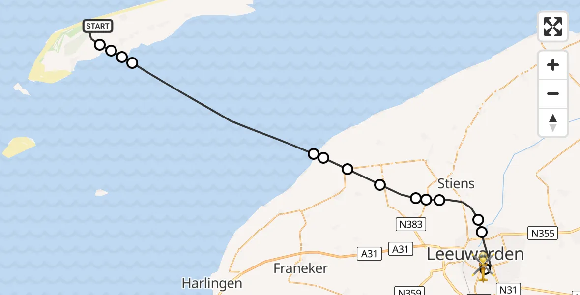 Vluchtroute Ambulancehelikopter van West-Terschelling naar Leeuwarden Medical Center Heliport