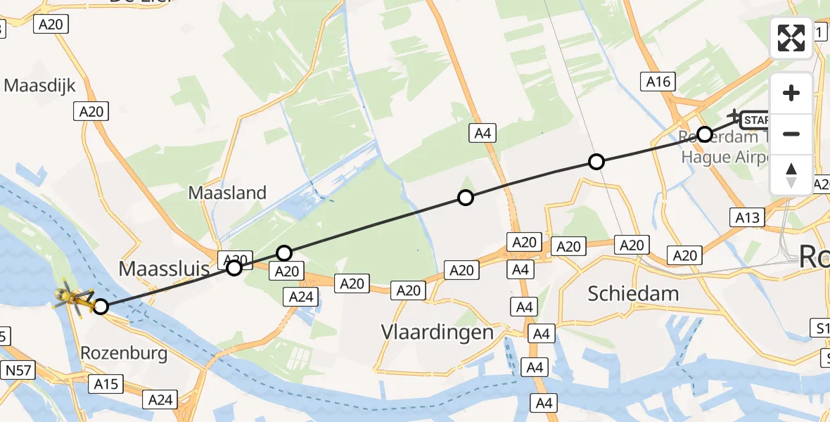 Vluchtroute Traumahelikopter van Rotterdam The Hague Airport naar Rozenburg