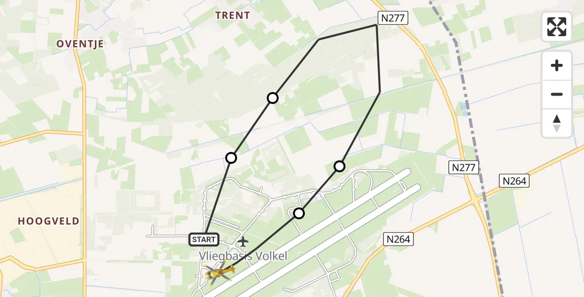 Vluchtroute Traumahelikopter van Vliegbasis Volkel naar Vliegbasis Volkel