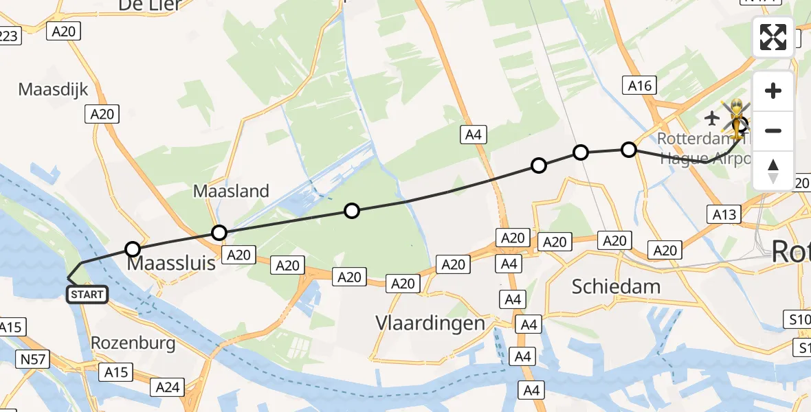 Vluchtroute Traumahelikopter van Rozenburg naar Rotterdam The Hague Airport