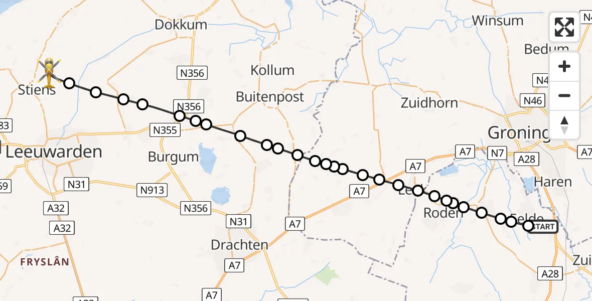 Vluchtroute Traumahelikopter van Groningen Airport Eelde naar Stiens