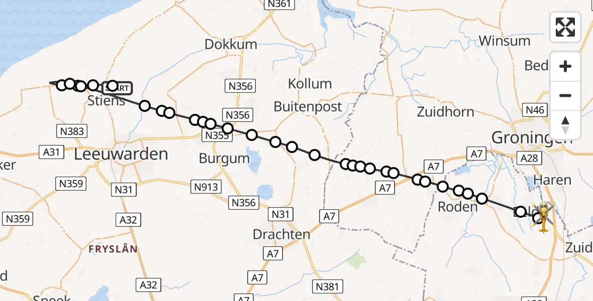 Vluchtroute Traumahelikopter van Stiens naar Groningen Airport Eelde