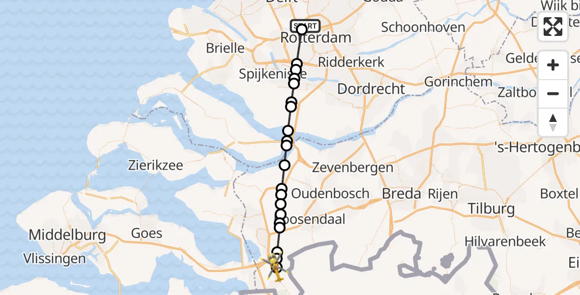 Vluchtroute Traumahelikopter van Rotterdam The Hague Airport naar Hoogerheide