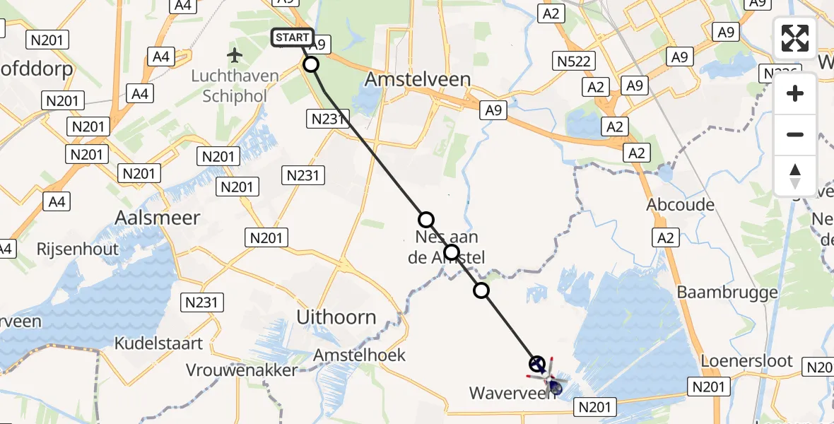 Vluchtroute Politiehelikopter van Amsterdam Vliegveld Schiphol naar Vinkeveen