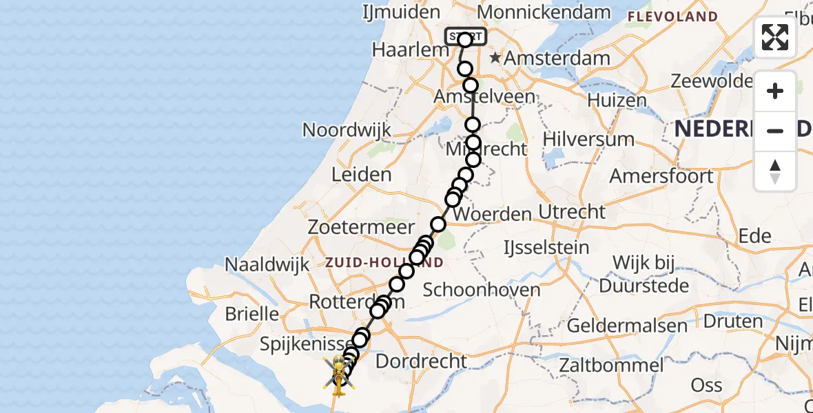 Vluchtroute Traumahelikopter van Amsterdam Heliport naar Klaaswaal