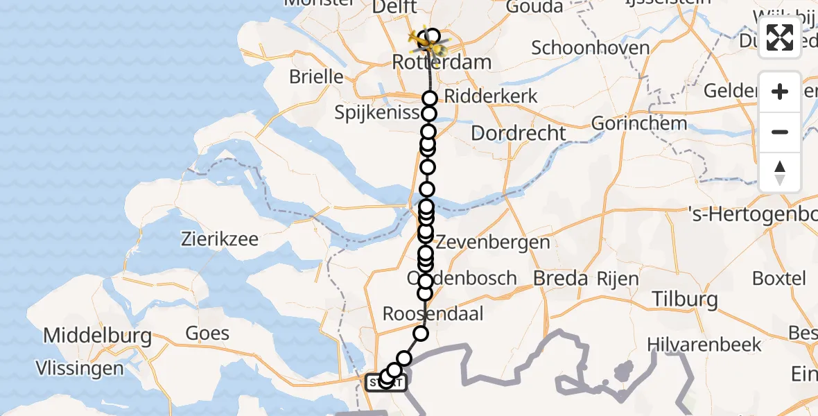 Vluchtroute Traumahelikopter van Vliegbasis Woensdrecht naar Rotterdam The Hague Airport