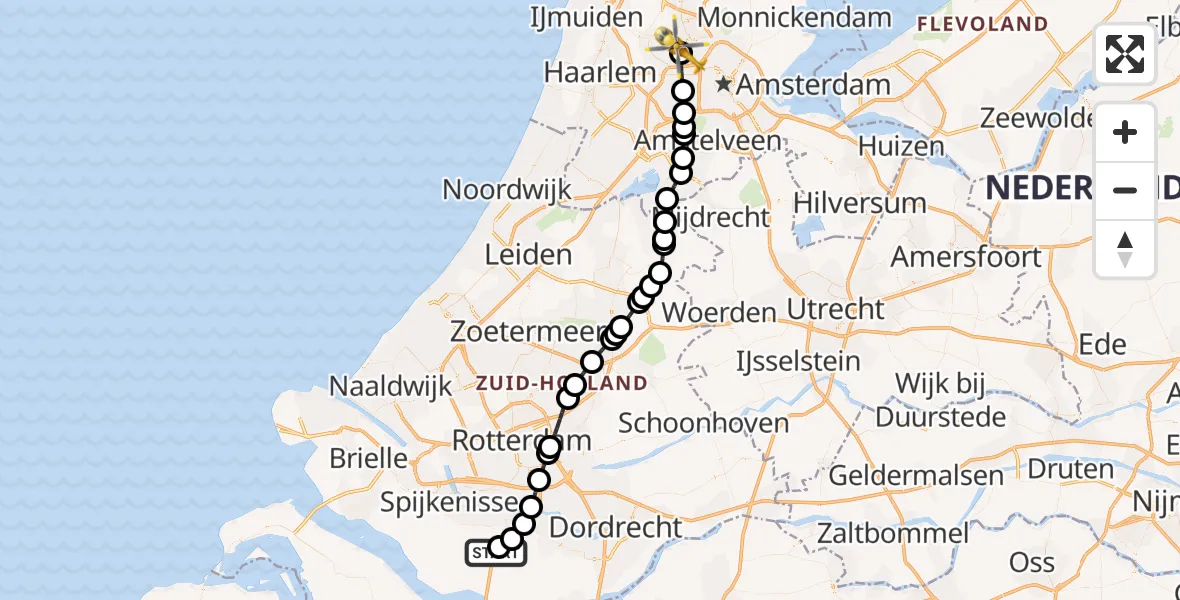 Vluchtroute Traumahelikopter van Klaaswaal naar Amsterdam Heliport