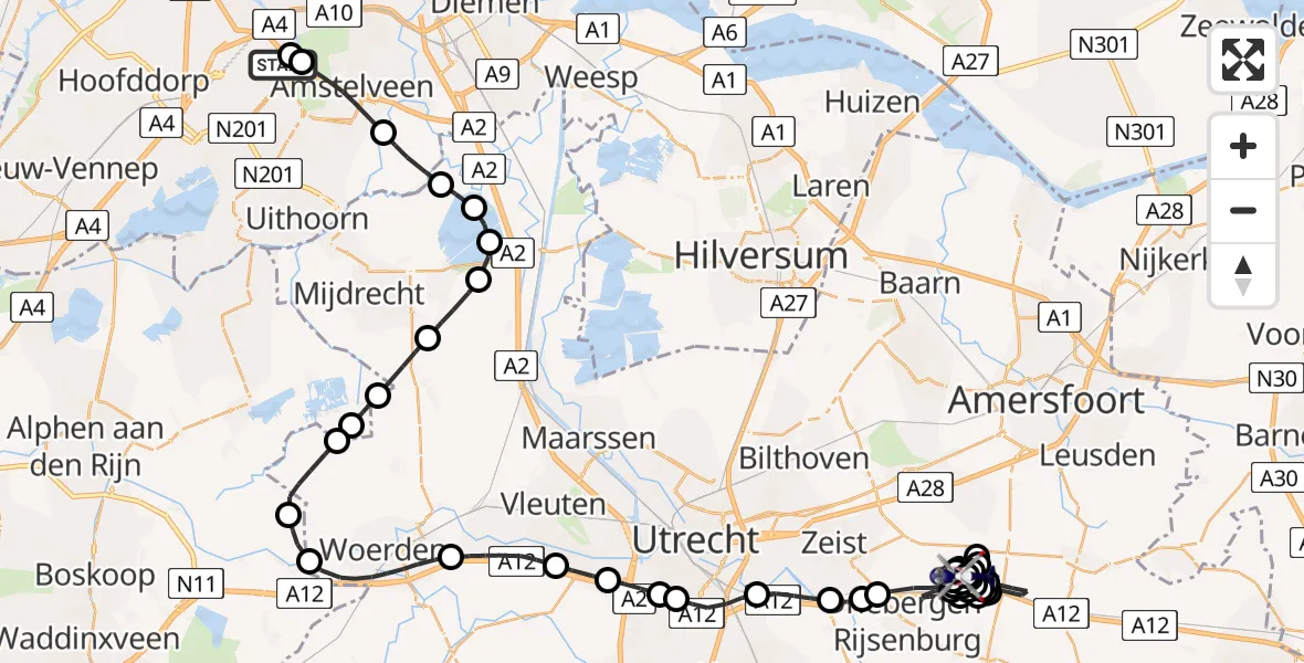 Vluchtroute Politiehelikopter van Amsterdam Vliegveld Schiphol naar Austerlitz