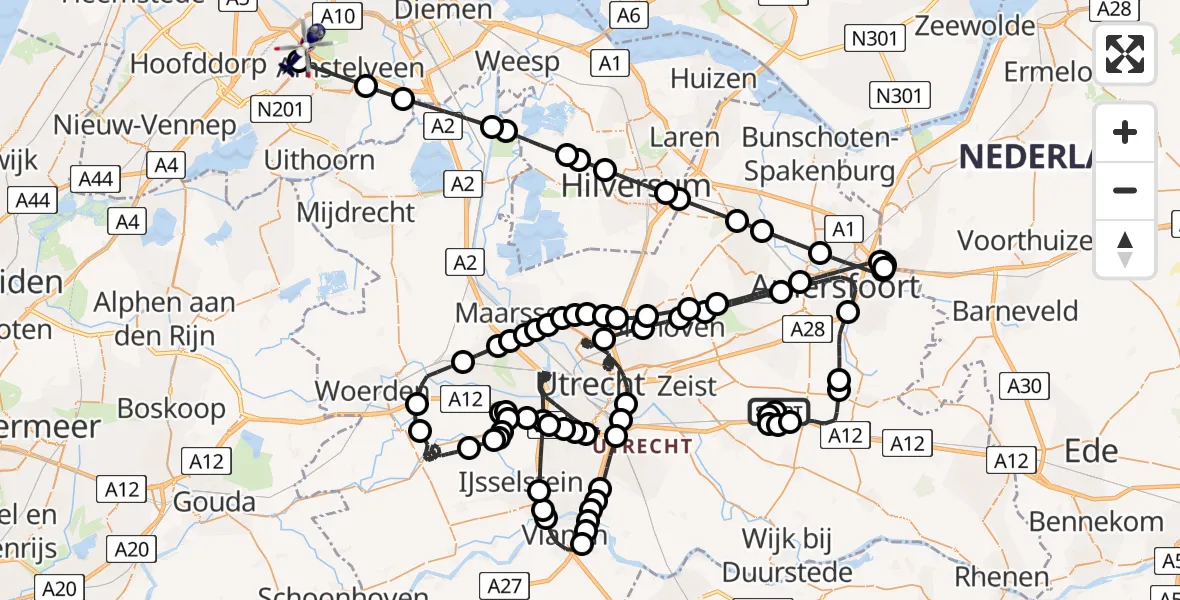 Routekaart van de vlucht: Politiehelikopter naar Amsterdam Vliegveld Schiphol